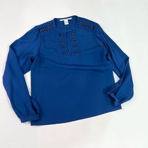 Diane Von Furstenberg Silk Blouse Women 2 Blue V-Neck Long Sleeve Keyhole Accent